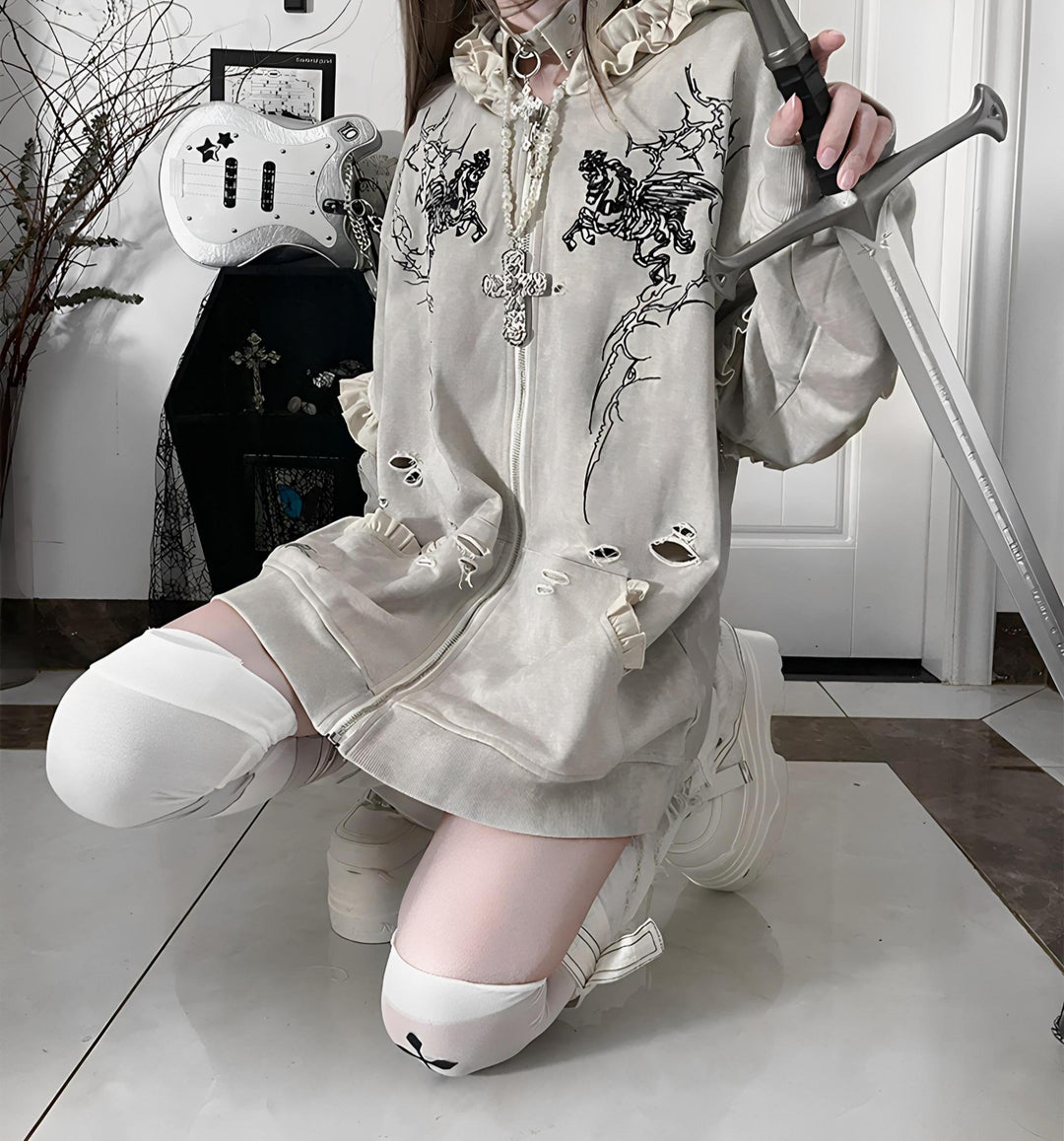 Punk Hooded Jacket, Ripped Details & Horse Embroidery 45939:871256