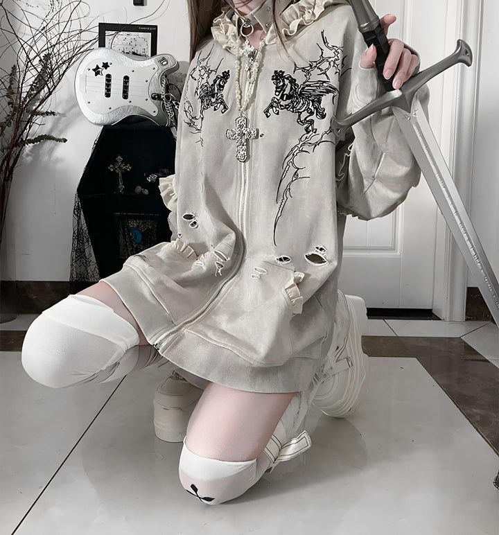 Punk Hooded Jacket, Ripped Details & Horse Embroidery 45939:871256