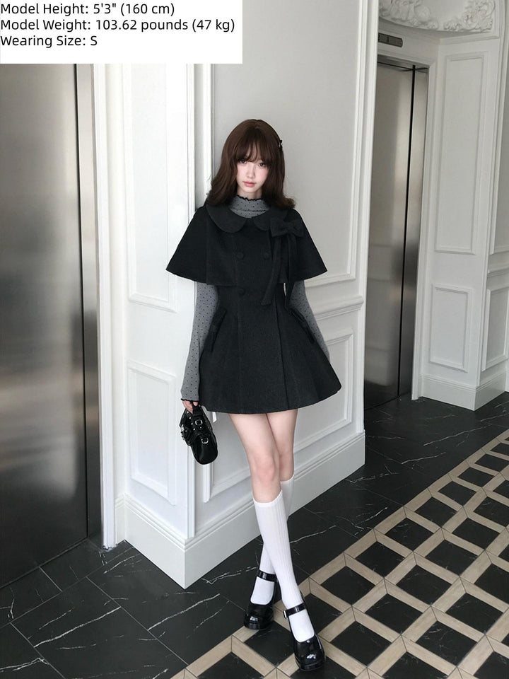 Autumn Cape Style Waist-Cinched Coat, Polka Dot Blouse 46011:872058