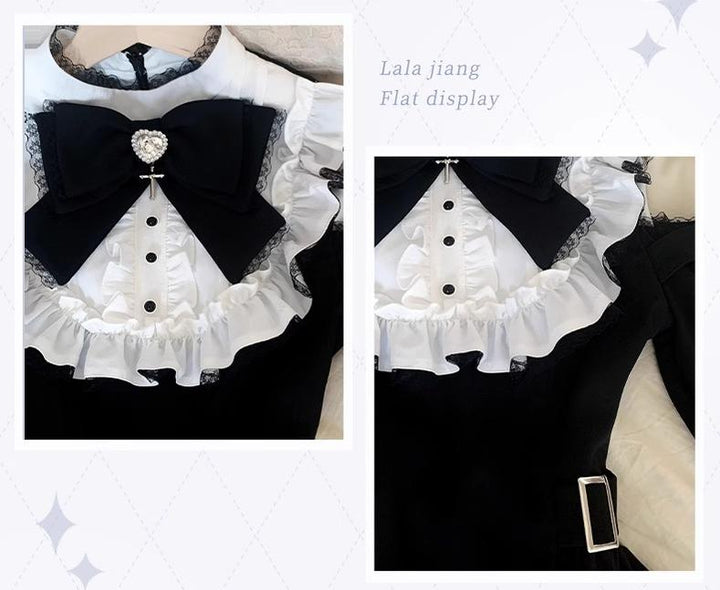 Gothic Open Shoulder Dress, Detachable Collar Bow 43655:782386