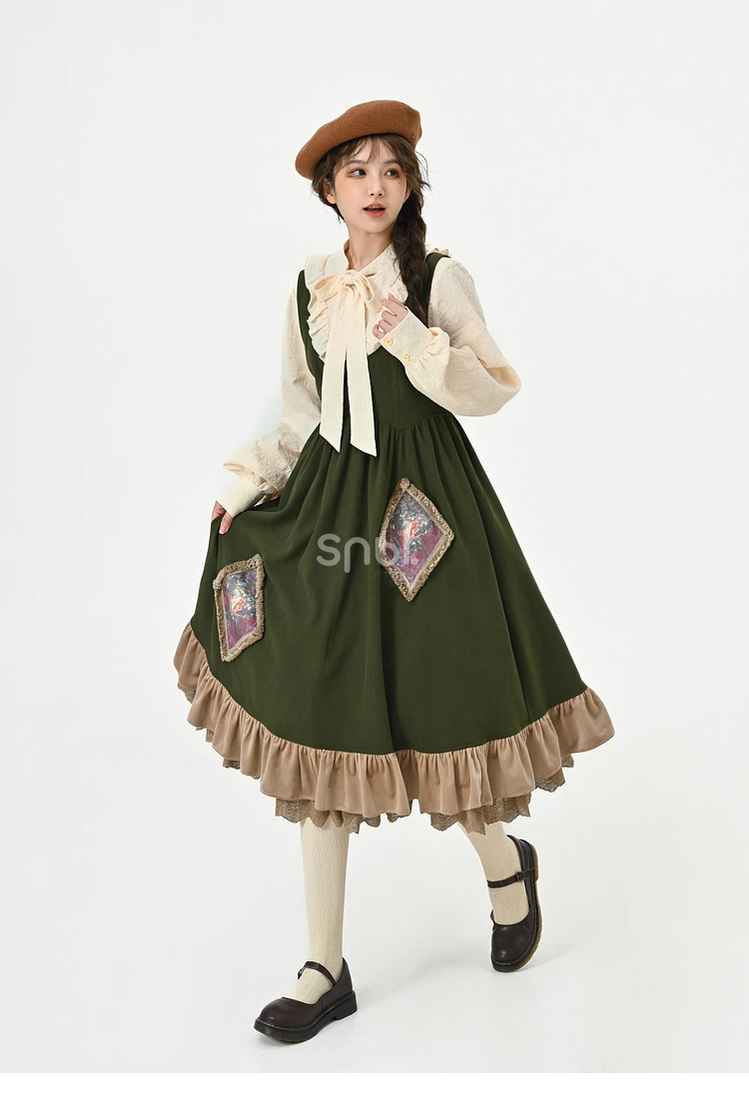 Mori Kei Dress Green Suspender Dress Apricot Blouse 39312:643744