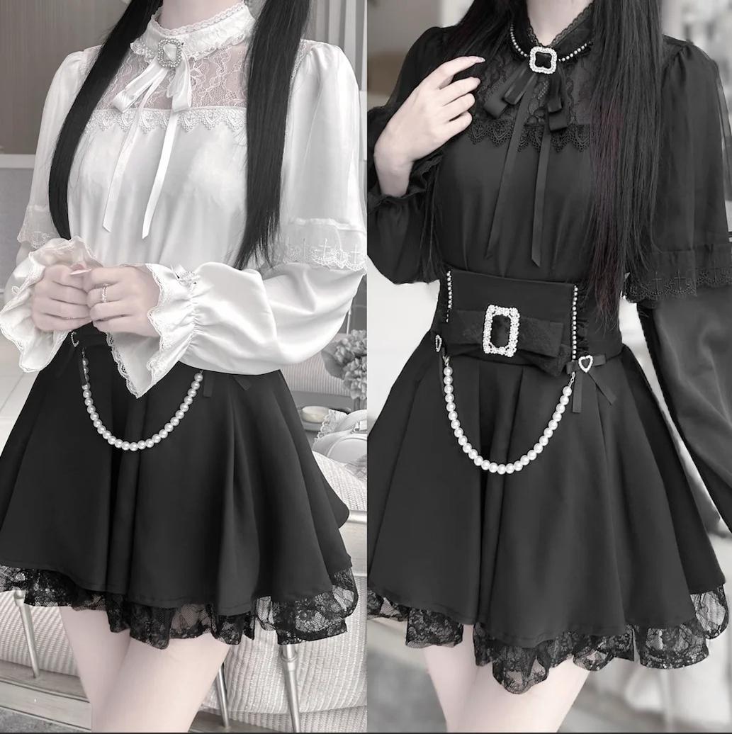 Jirai Kei Shirt Hollow-Out Lace Blouse Black Pearl Chain Skirt 42163:731429