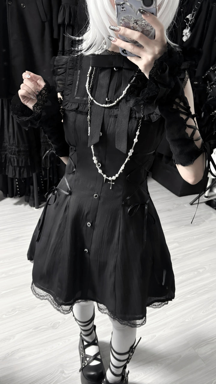 Daily Ruffle Shoulder Dress, Waist Lace-Up (Black / L M S) 44169:798700