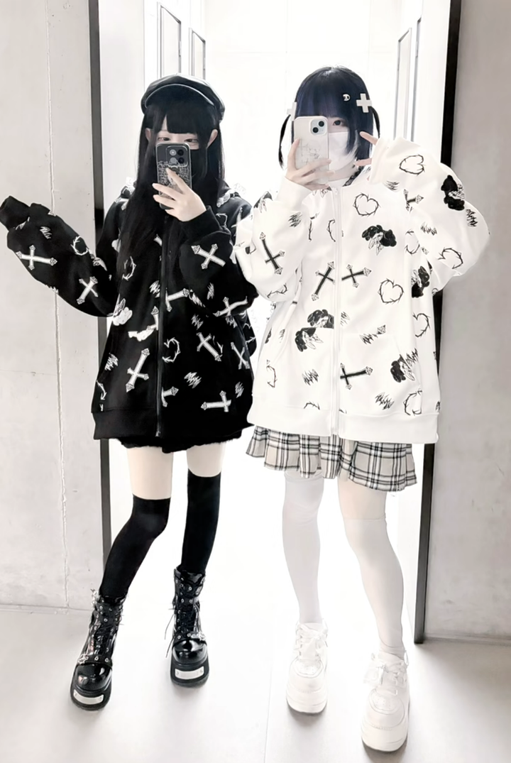 Plus Size Jirai Kei Coat Bunny Ear Hoodie Jacket With Lace 42165:731438