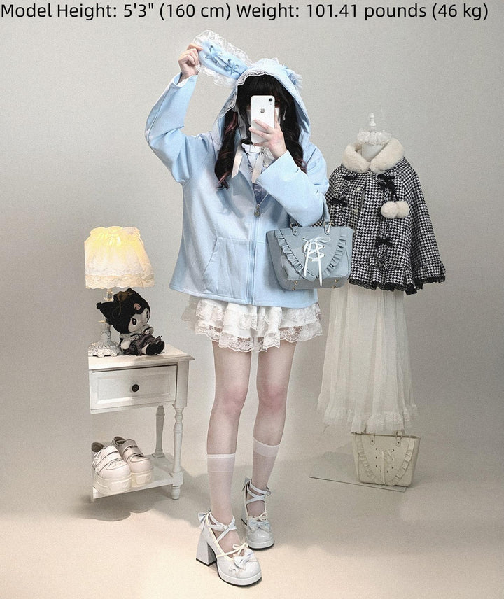 Kawaii Zipper Closure Jacket, Lace Bunny Ear 44002:792528