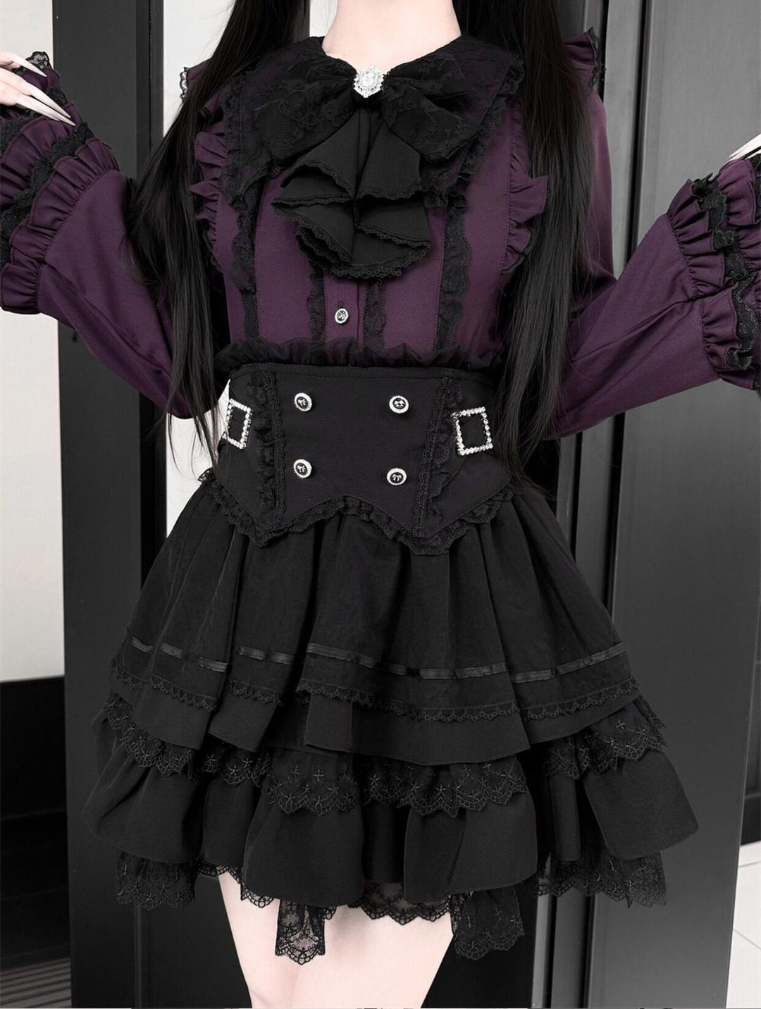 High-Waisted Jirai Kei Skirt, Lace Hem 44810:822751