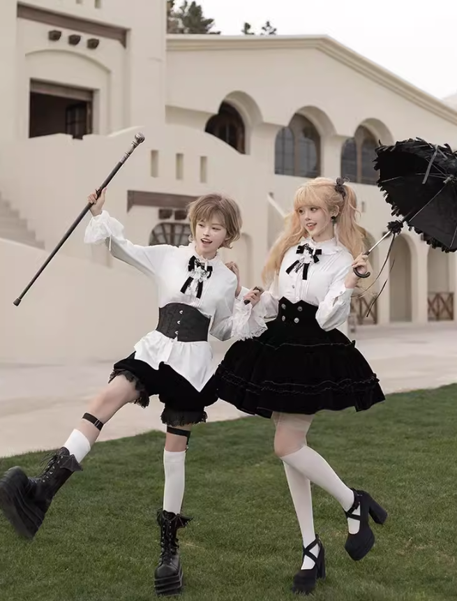 Ouji Lolita Prince Outfit Set Black Skirt Velvet Shorts Set 39368:631990