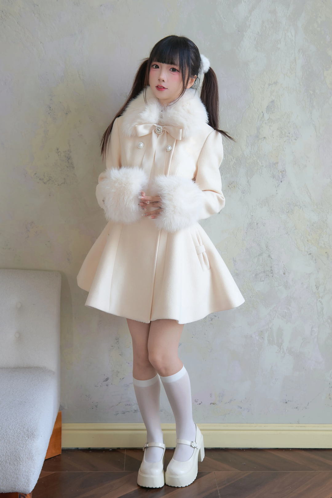 Jirai Kei Winter Coat Mid-length Coat Slim Fit Big Hem Coat 40570:674370