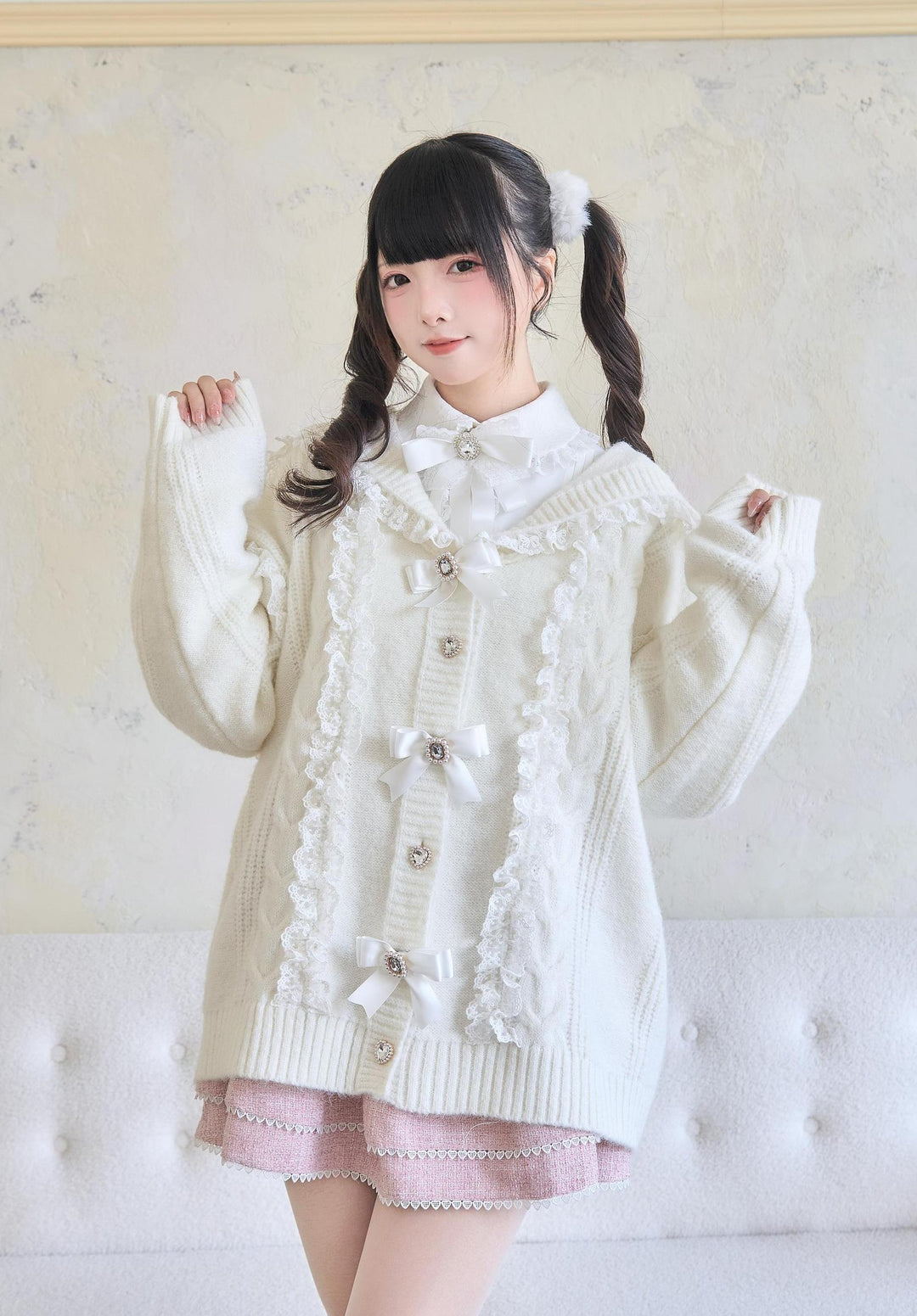 Jirai Kei Sweater Lace Sailor Collar Cardigan With Bows 41682:711798