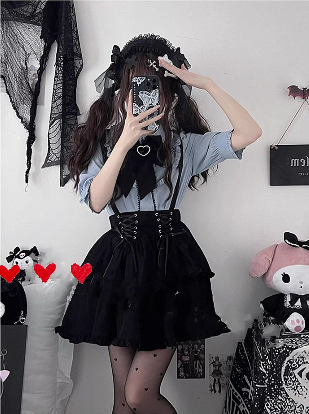 Jirai Kei Pink Blue Blouse Black Suspender Skirt Lace Up Skirt Set 21830:632106