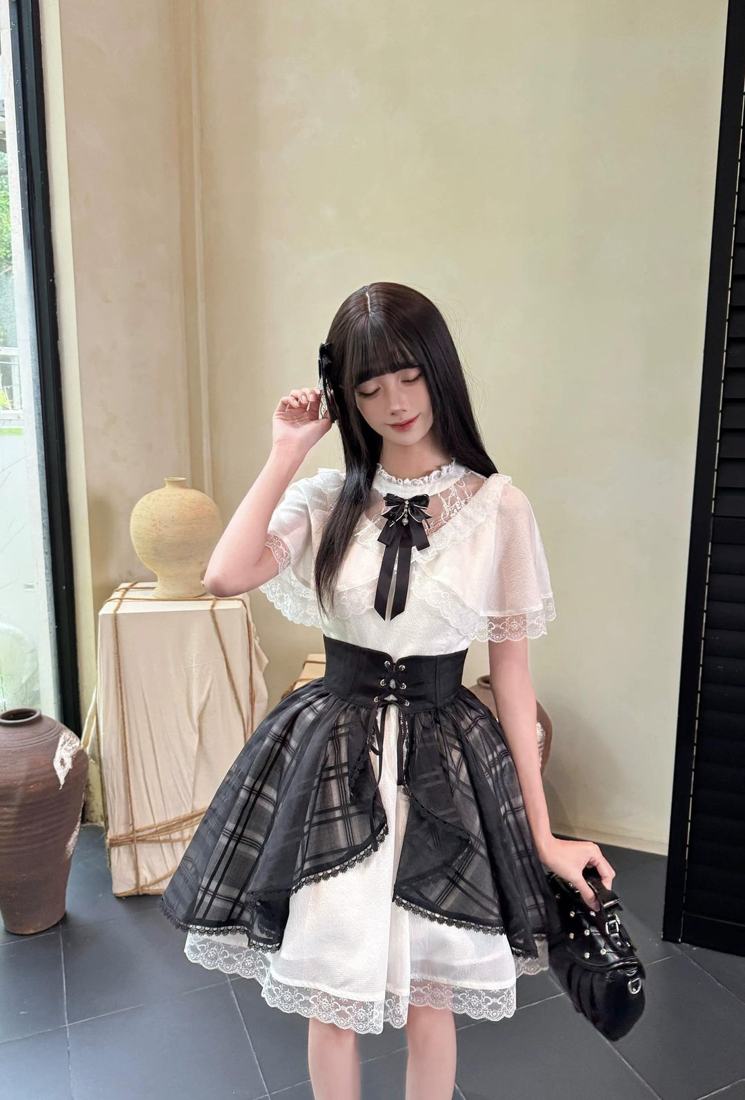 Seiso Kei Dress with Faux Two-Piece Shawl, Sheer Overlay (L M S) 45621:860352