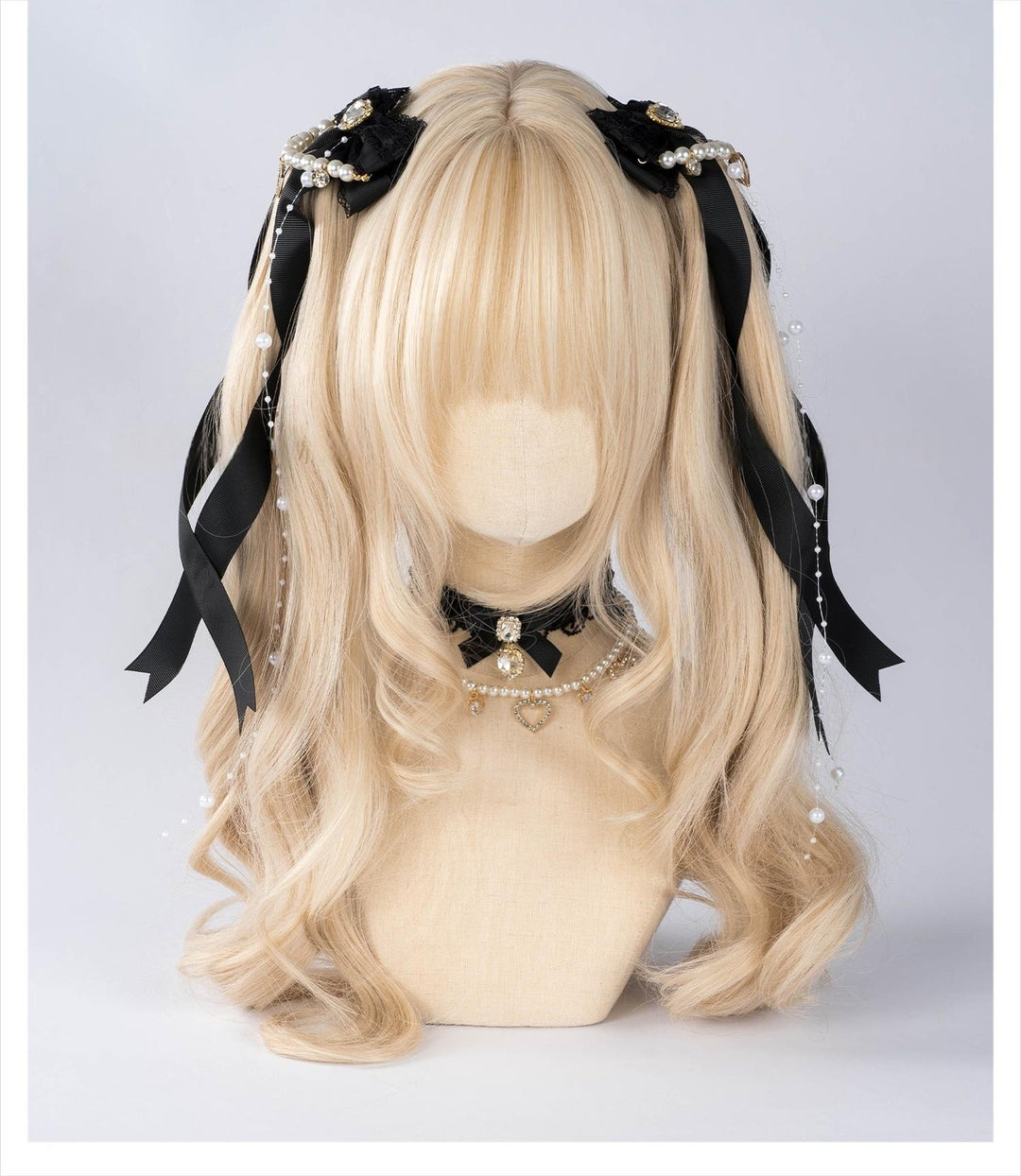Jirai Kei Bow Hair Clip, Heart Rhinestone, Pearl Chain, Lace Trim 43501:778520