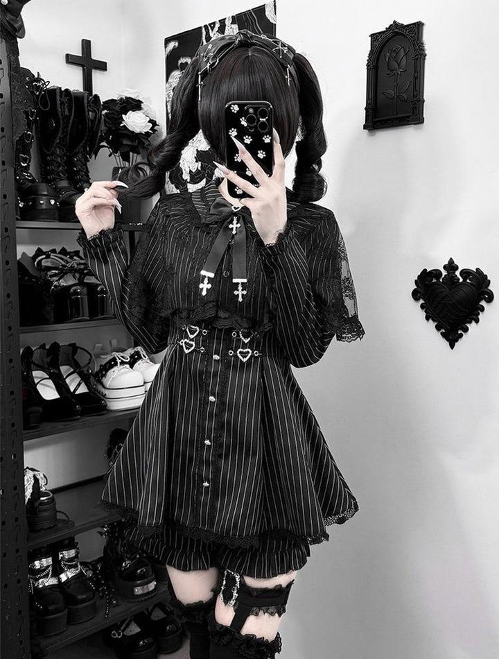 Striped Jirai Kei Dress, Black Lace Shawl 44786:827977