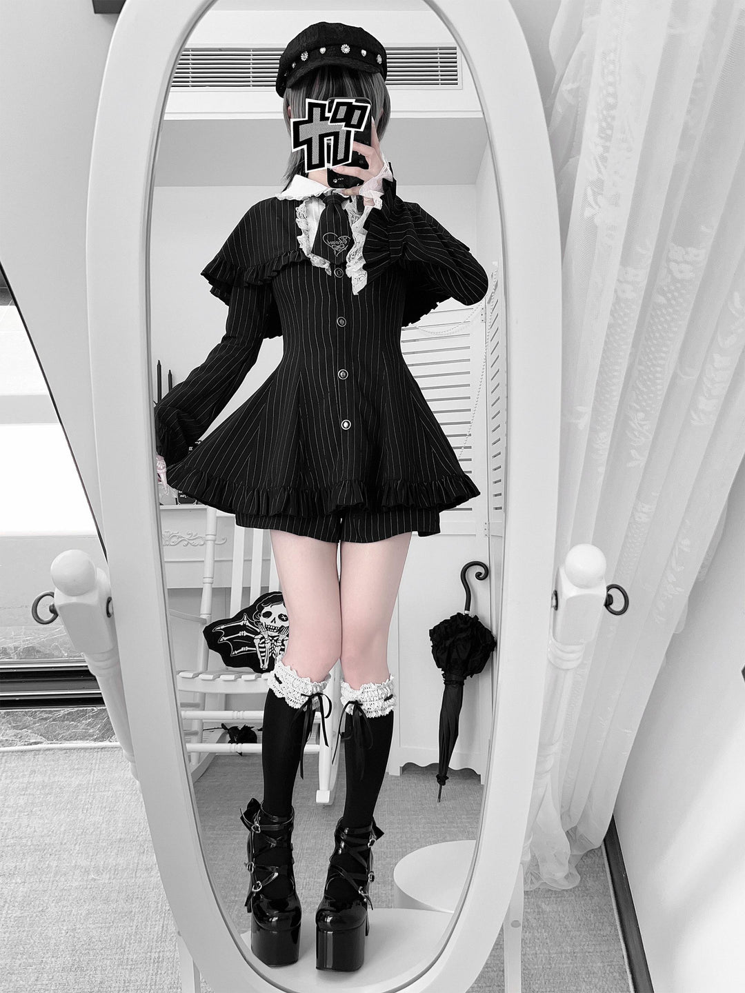 Jirai Kei Cape Dress Set, Detachable Embroidered Tie 44586:814413