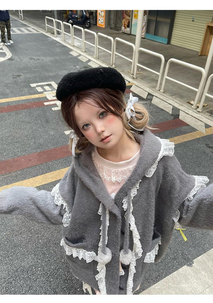 Kawaii Coat Sweater Bunny Ear Lace Knitted Hooded Cardigan 40338:665426