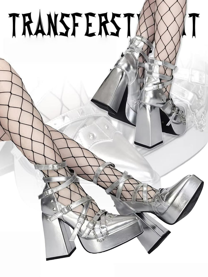 Punk Subculture Heels Shoes, Pointed Toe (Silver / 35 36 37 38 39 40) 44928:828699