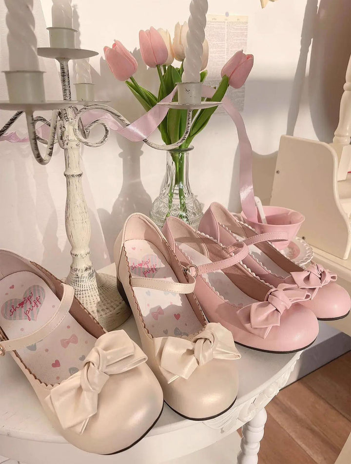 Lolita Shoes Round Toe Pink Shoe Butterfly Bow Beige Shoes 37596:602418