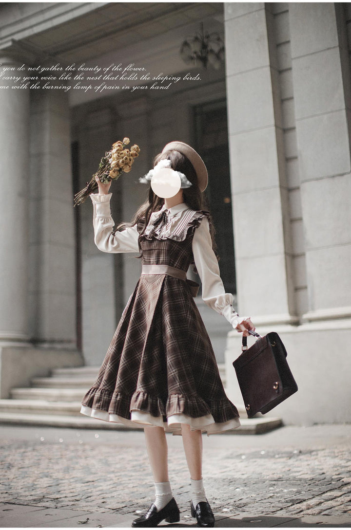 Retro Lolita OP Dress And Brown Lolita Coat Plaid Dress 41080:686038