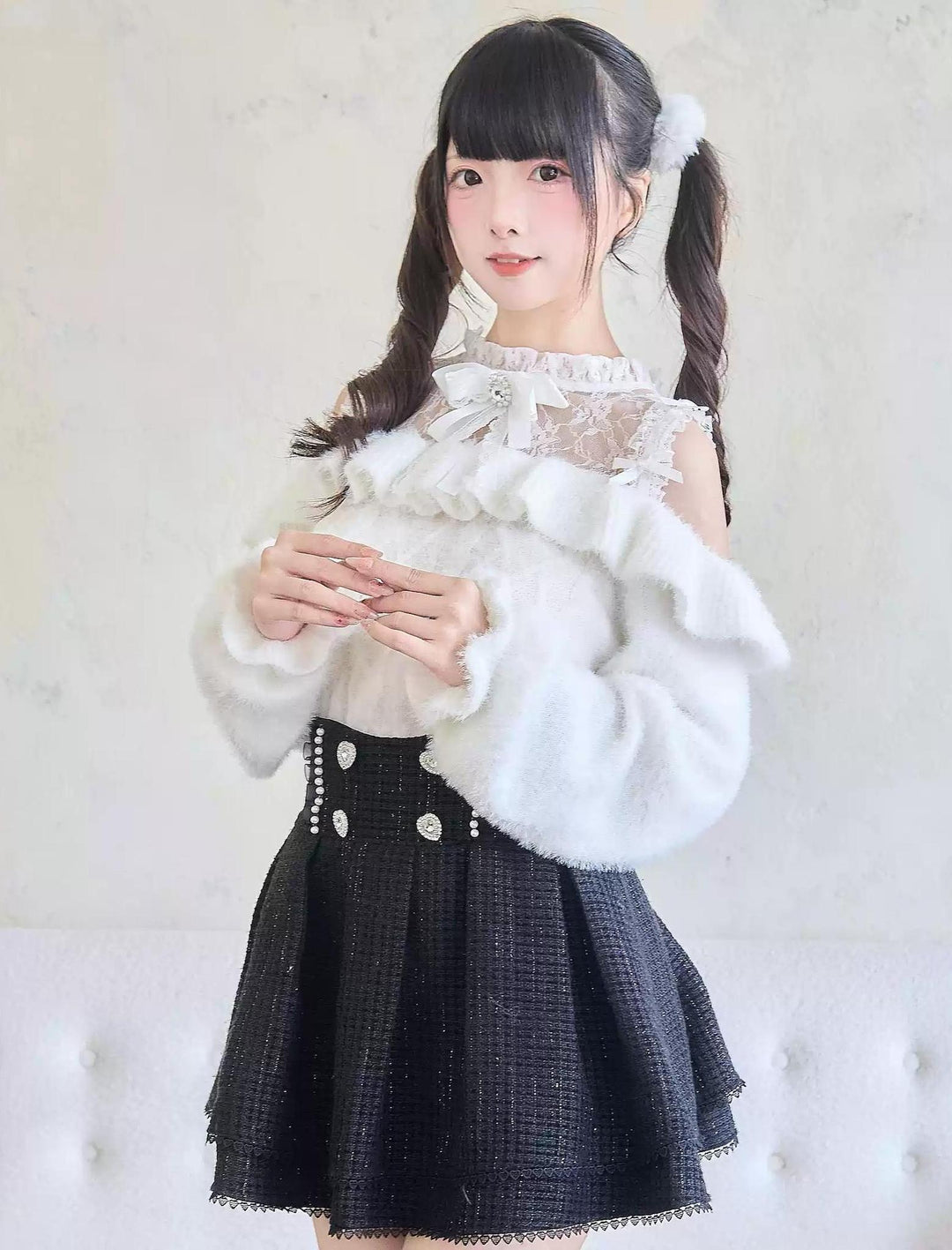 Jirai Kei Sweater Lace Frill Collar Knit Sweater With Bow 41680:711748