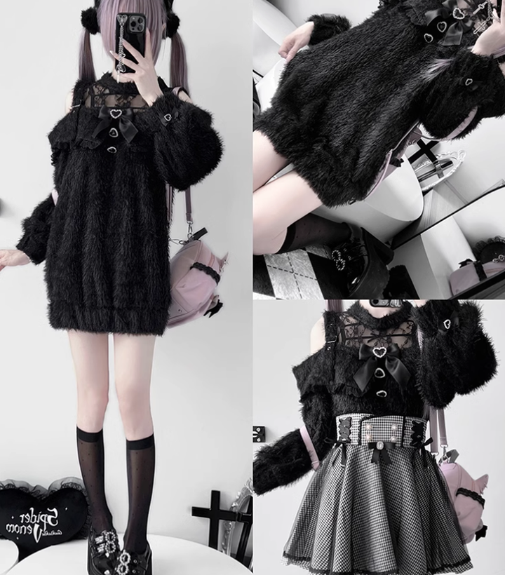 Jirai Kei Sweater Long Black Lace Sweater Layered Skirt 42147:730338