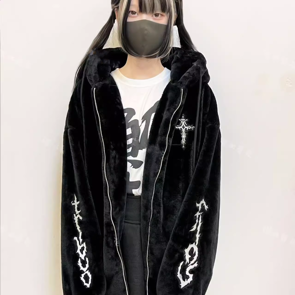 Jirai Kei Coat Black Fleece Hooded Jacket With Cat Ears 40754:677992