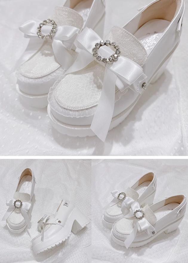 Jirai Kei Shoes Ryousangata Platform Shoes With Ribbon Rhinestone 41558:703864