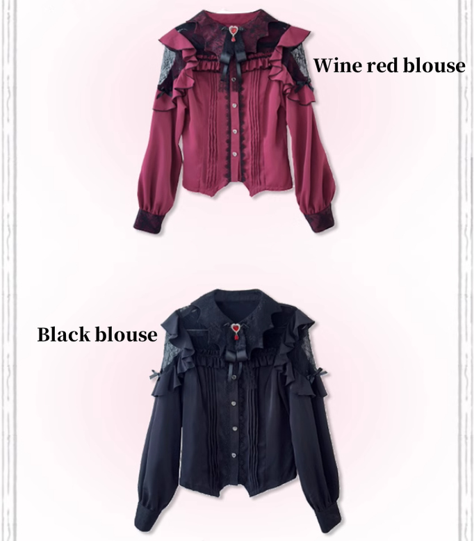 Jirai Kei Blouse Lace Bat Collar Wine Red And Black Shirt 39630:633464