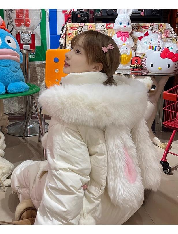 Kawaii Winter Coat Rabbit Ear Hooded Long Down Jacket 40340:665650