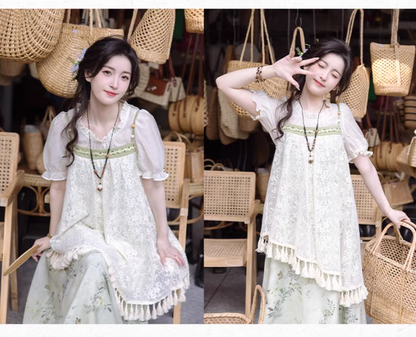 Cottagecore Dress Mori Kei Strap Dress Floral Dress With Tassels 36246:534464