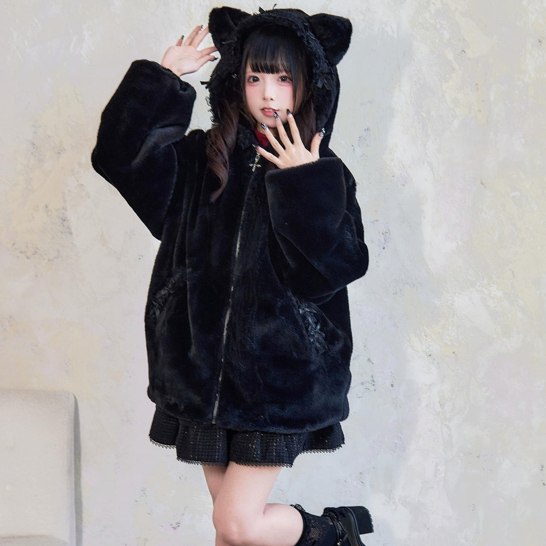 Jirai Kei Winter Coat Fleece Cat Ear Hooded Lace Bows Coat 41408:698038