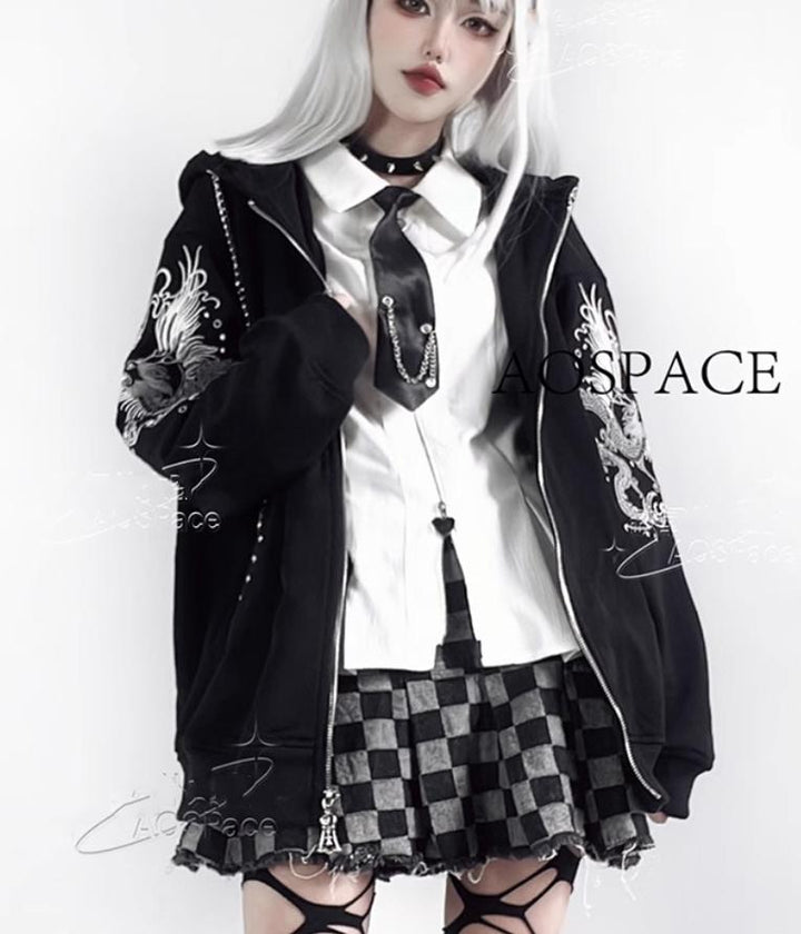 Subculture Black Coat Dragon Printed Hooded Jacket 38076:580608