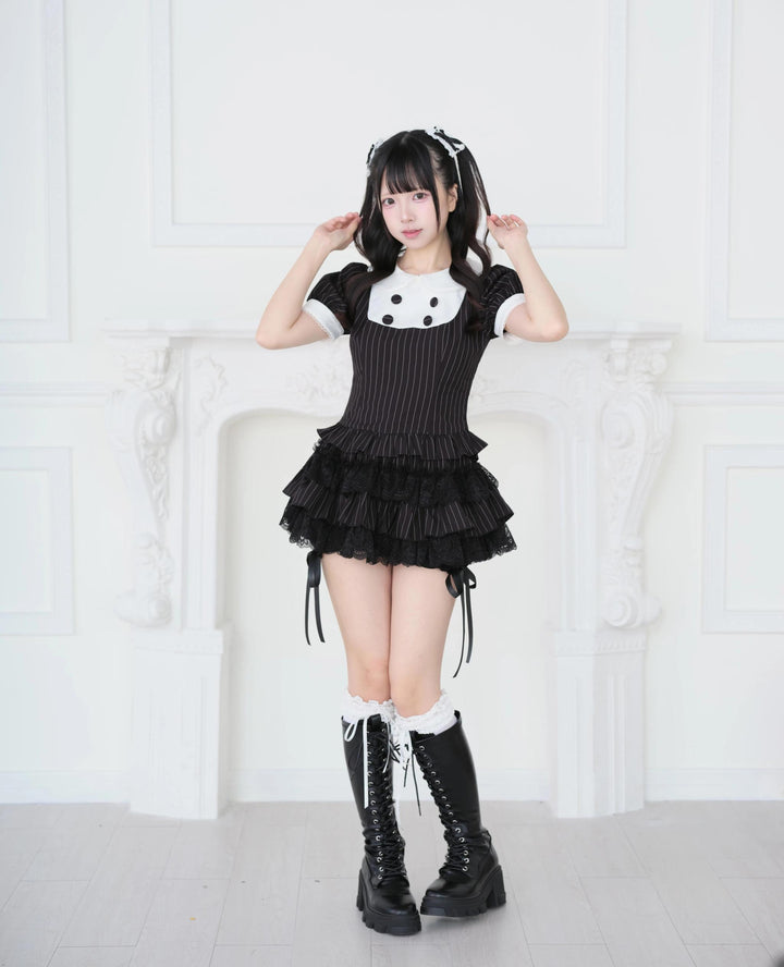 Jirai Kei Black Striped Top, Tiered Skort with Bows (Black / M S) 45801:864158