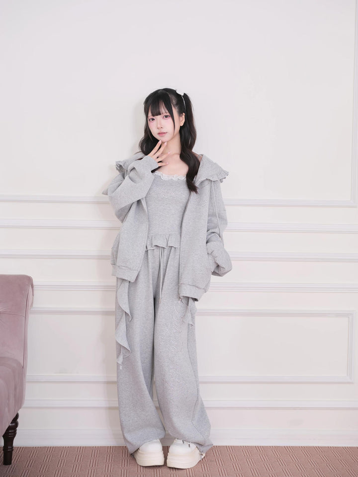 Sporty Hoodie Jacket 4-Piece Set, Hot-Fix Rhinestone (Gray) 45857:865898