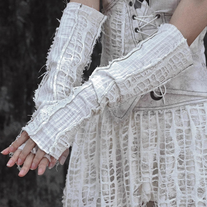 Punk Hand Sleeves White Knit Ripped Fingerless Gloves 39162:626350