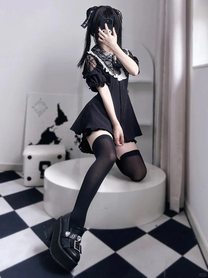 Jirai Kei Dress Set With Puritan Collar And Lace Trim Multicolor 37842:762153