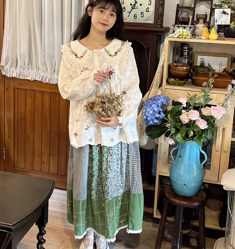 Mori Kei Skirt Green Floral Patchwork Skirt Vintage Skirt 36224:524928