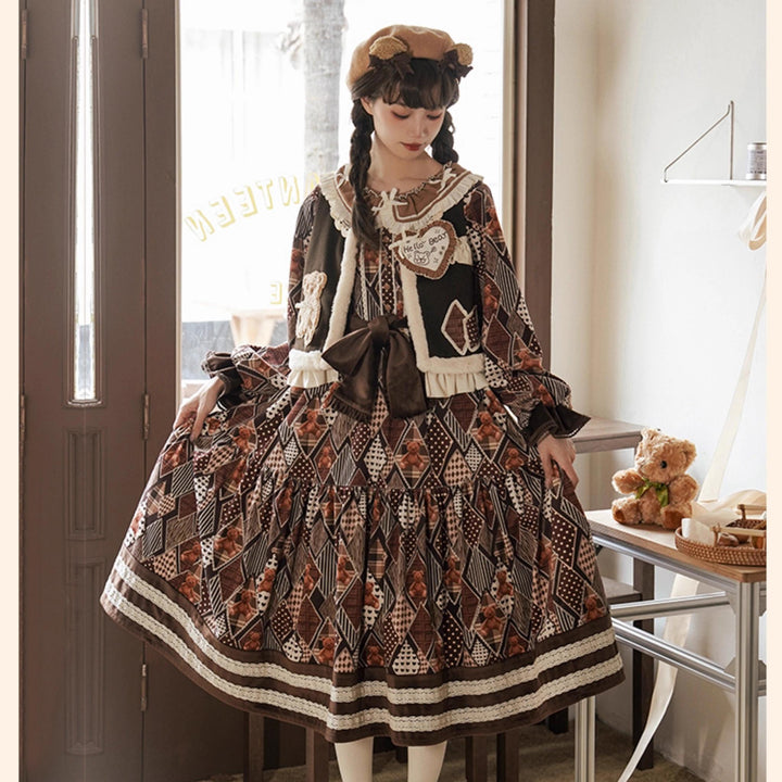 Lolita Dress Bear Embroidered Long Sleeve Dress And Vest 32068:382272 32068:382272