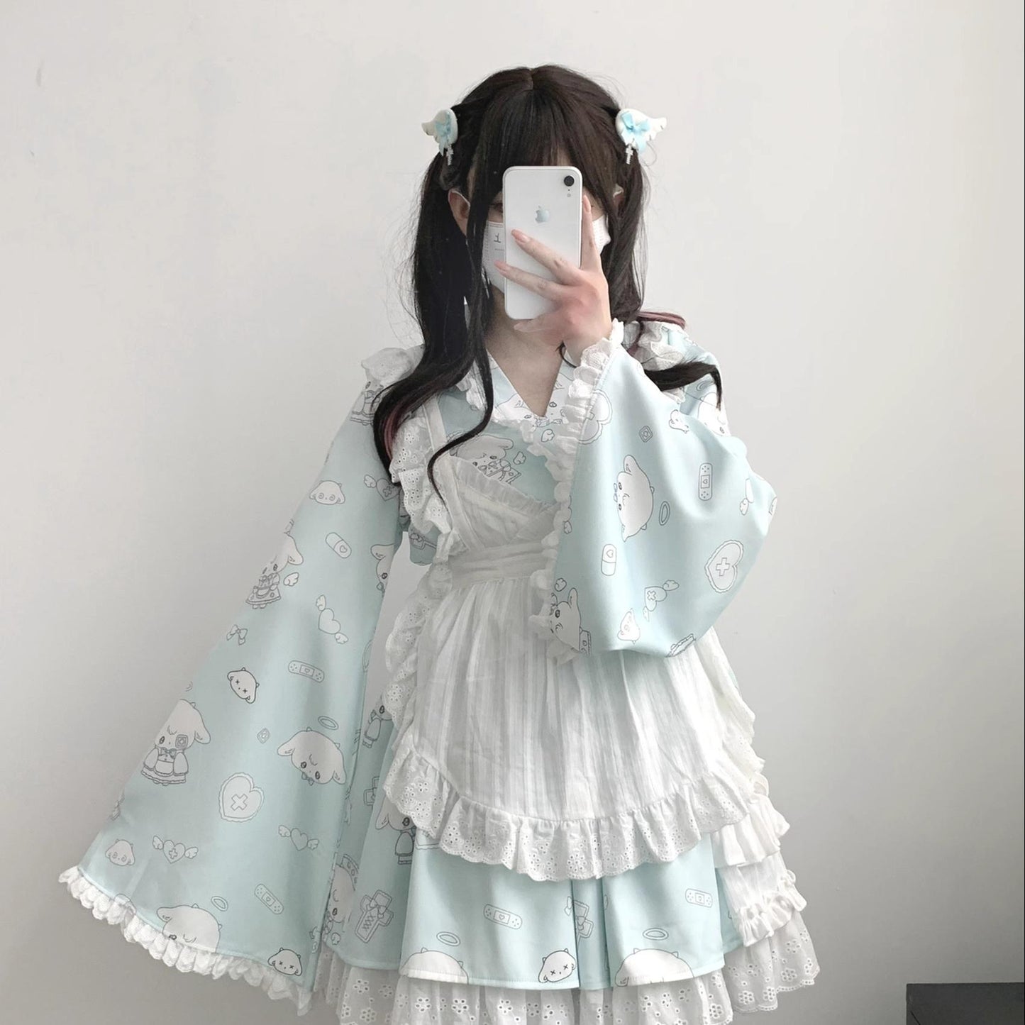 Tenshi Kaiwai Patchwork Skirt Kimono Top White Apron Three-Piece Set 36786:536838