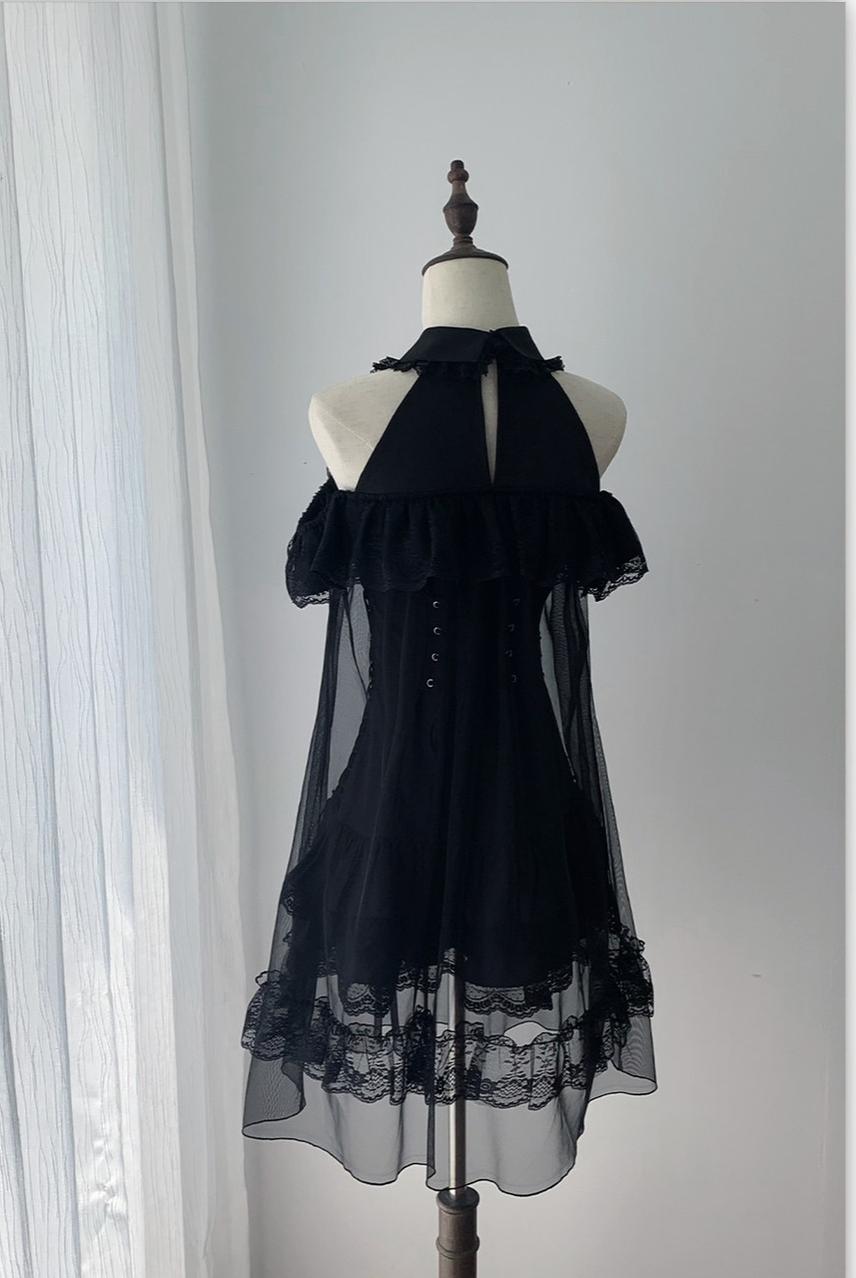 White Lace Open Shoulder Dress, Voile Outer Layered 45423:850604