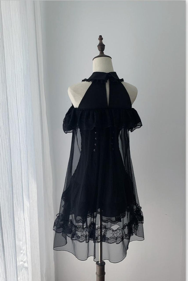 White Lace Open Shoulder Dress, Voile Outer Layered 45423:850604