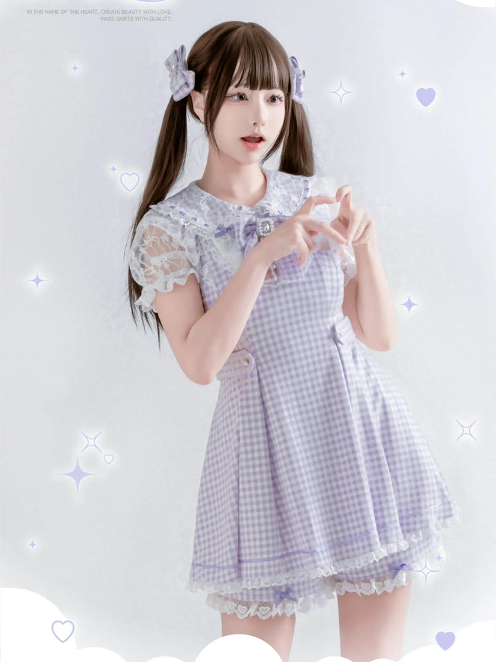 Jirai Kei Plaid Dress Set, Rhinestone Collar Bow (L M S XL) 45008:837281