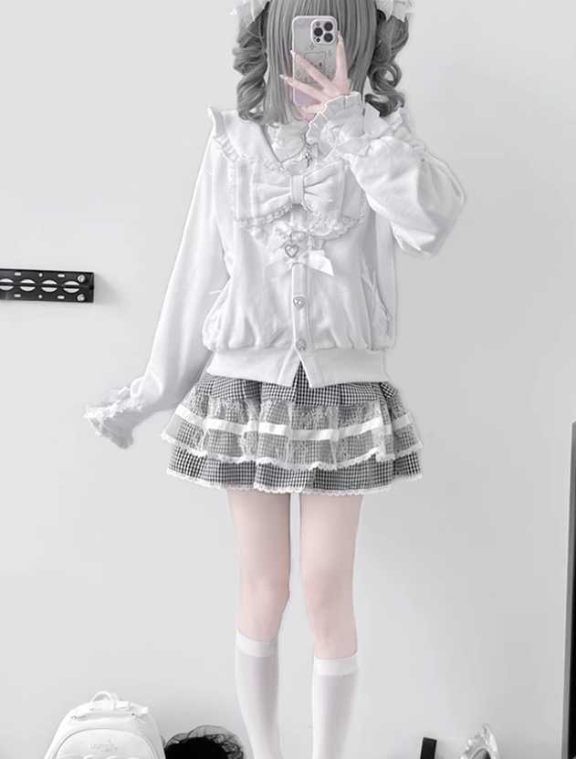 Jirai Kei Jacket Sailor Collar Coat With Lace Bow and Peal Chain 42148:730703