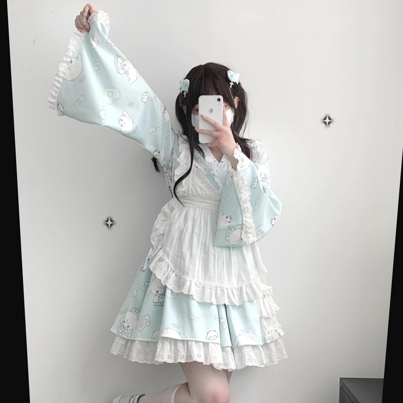Tenshi Kaiwai Patchwork Skirt Kimono Top White Apron Three-Piece Set 36786:536710