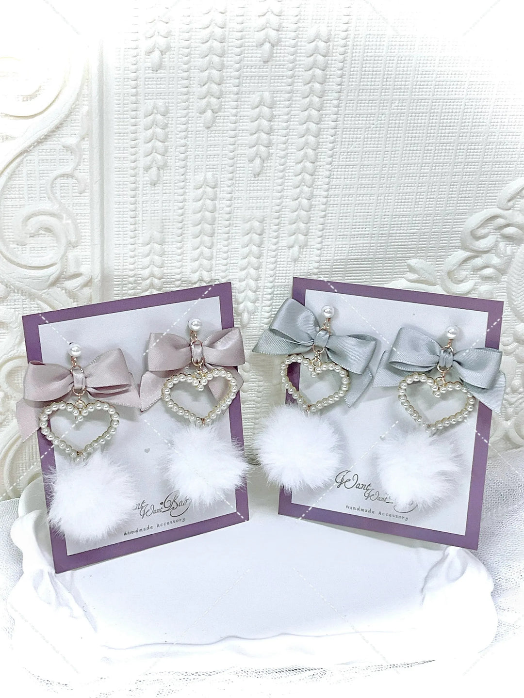 Jirai Kei Heart-shaped Earrings, Fluffy Pom-pom & Bow Accents 45694:860102