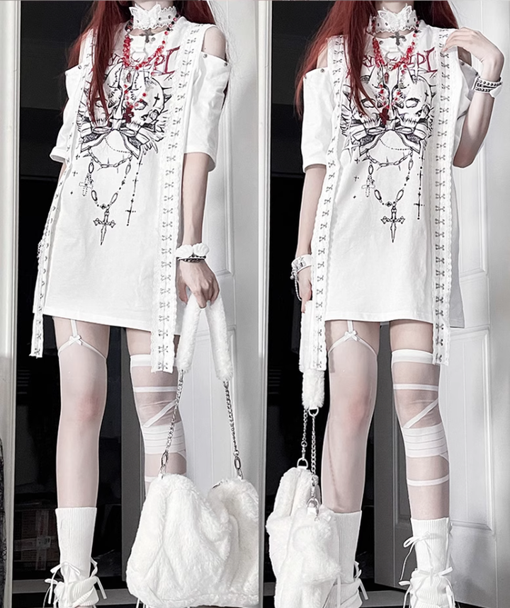 Open-Shoulder Subculture Cotton T-Shirt 43872:789441