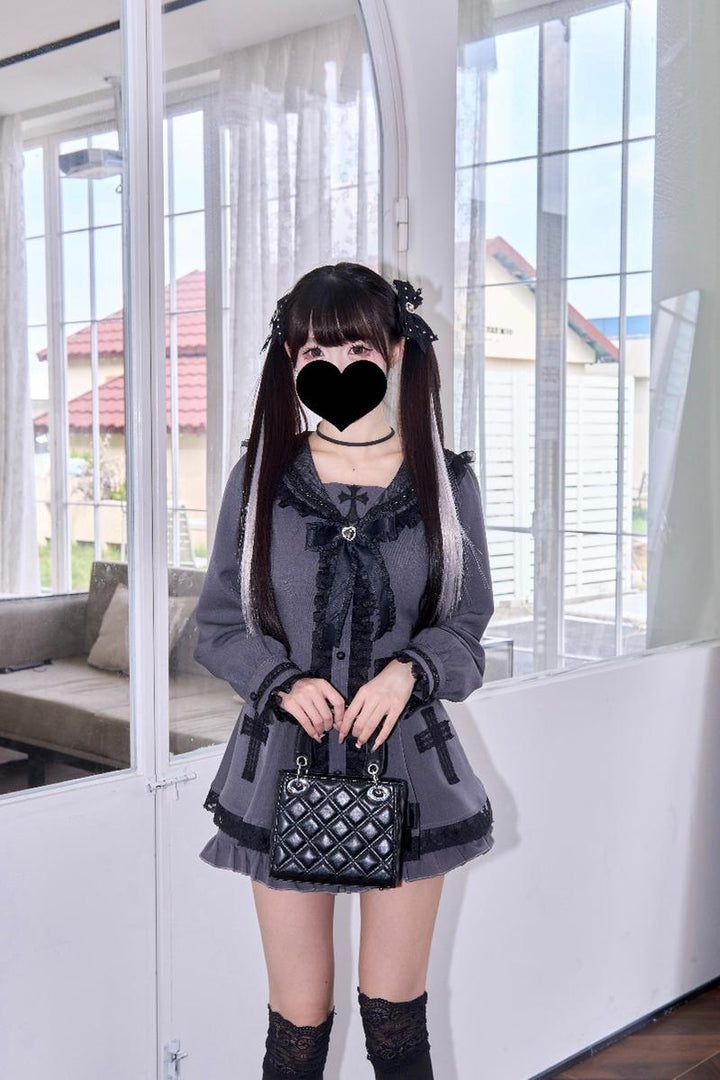 Jirai Kei Dress Grey Black Dress Sailor Collar Shorts Set 39508:627004