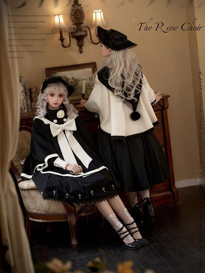 Elegant Lolita Winter Coat Black and White Camellia Cape 40284:658402