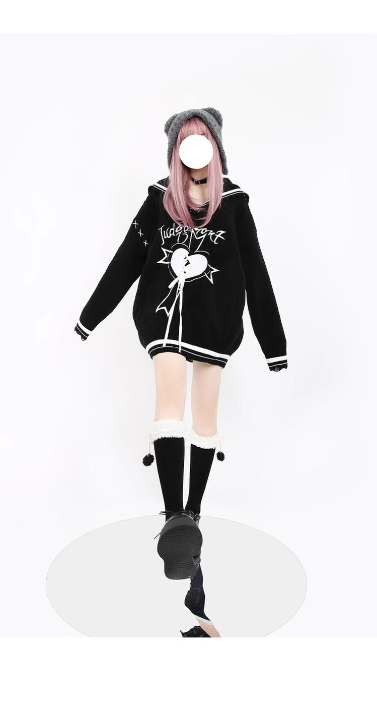 Jirai Kei Sweater Sailor Collar Black Lace-up Sweater 22758:326796