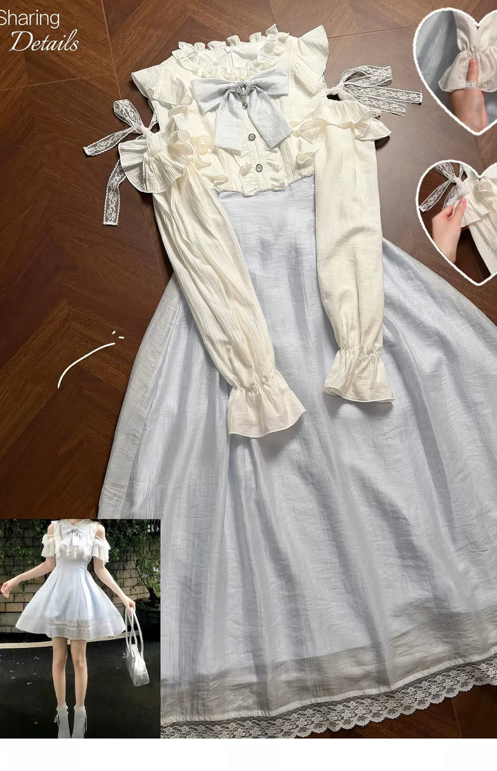 Seiso Kei Open Shoulder Dress, Blue & White Color Spliced 45752:861435
