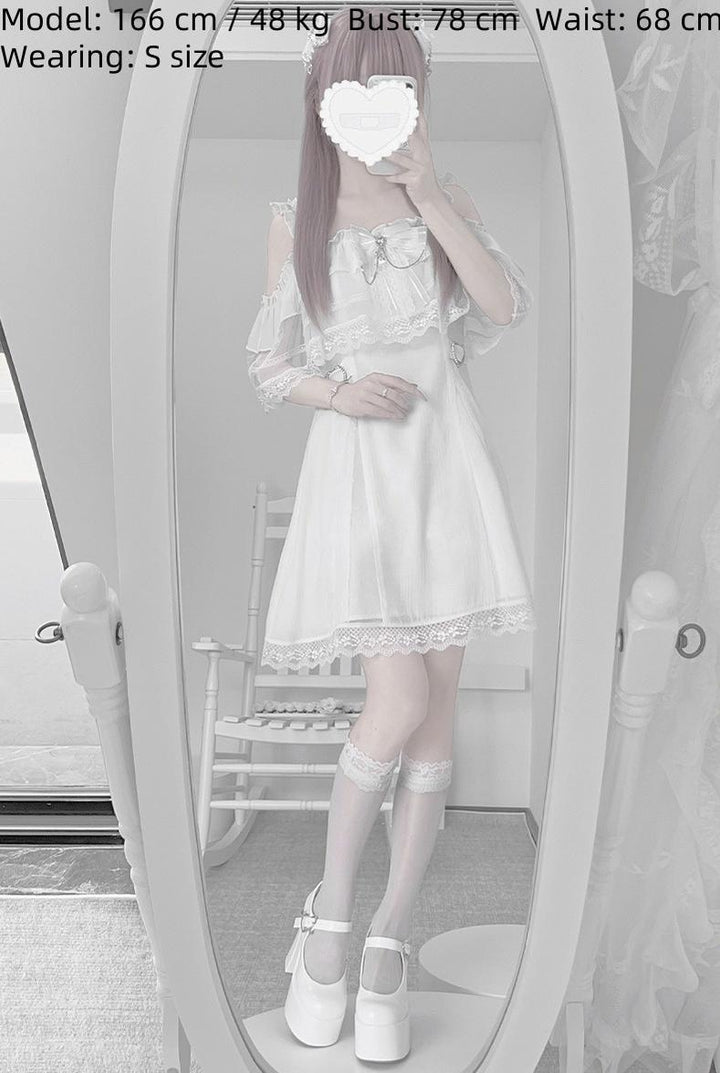 Solid White Jirai Kei Dress With Bust Sheer Overlay 43299:772991